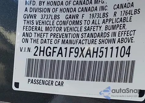 2010 Honda Civic Ex-L z USA, uszkodzony, nr VIN 2HGFA1F9XAH511104